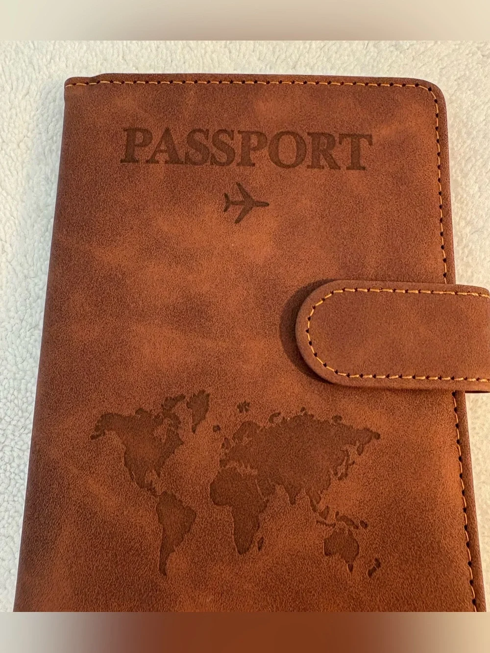 NEW Brown Vegan Leather Slim Passport Holder RFID Blocking Embossed 7 pocket